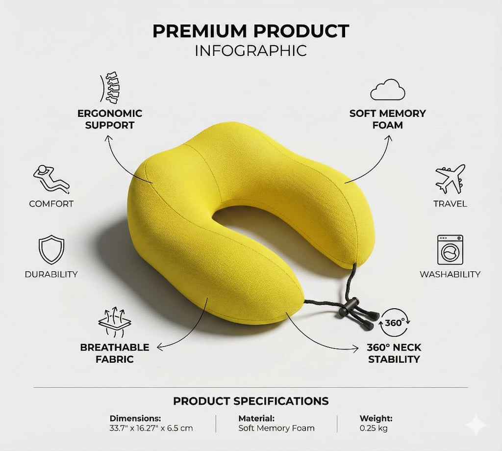 Travel Neck Pillow Yellow – Memory Foam Support for Flights & Road Trips