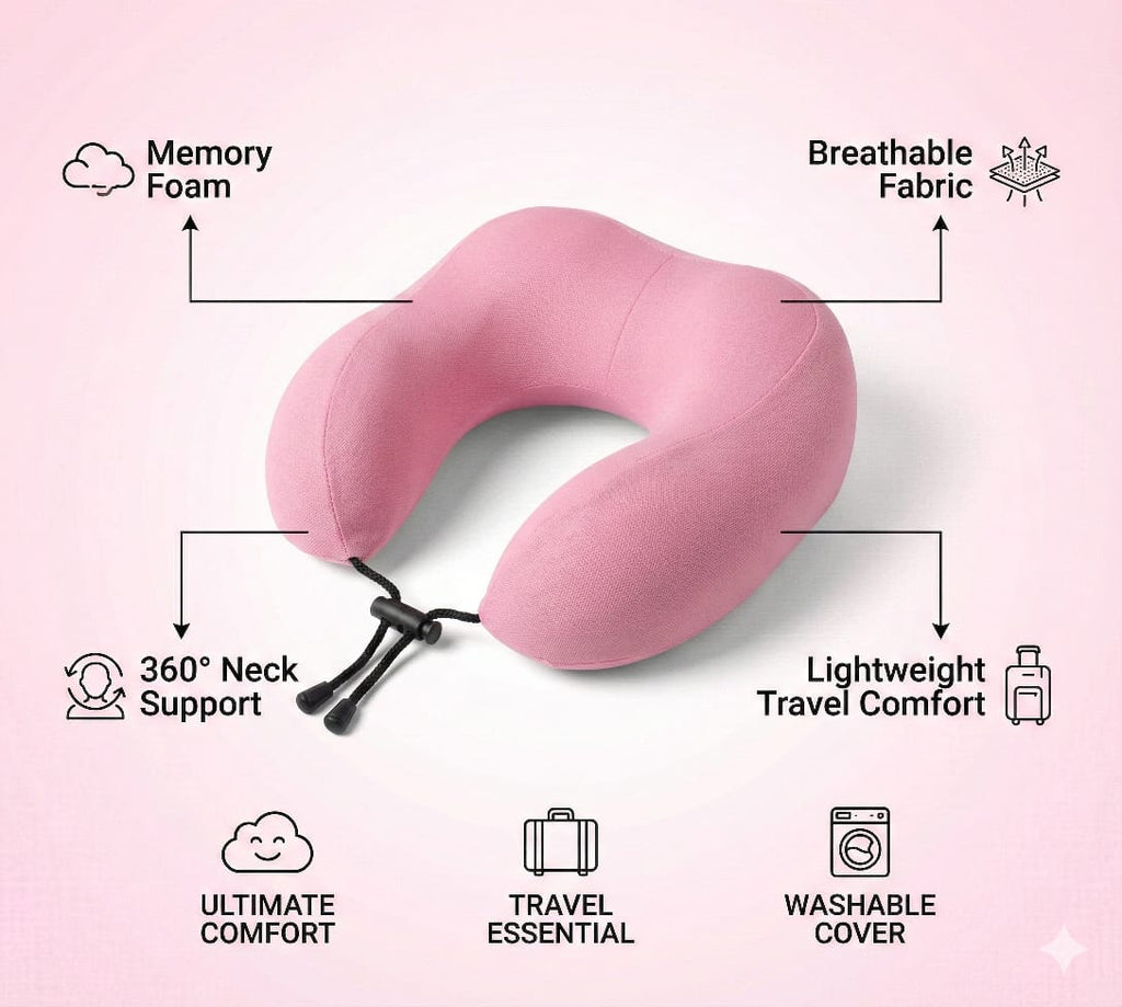 Travel Neck Pillow Pink – Memory Foam Support for Flights & Road Trips