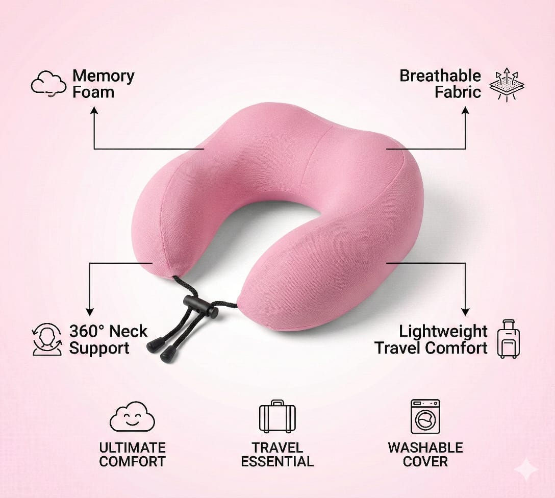 Travel Neck Pillow Pink – Memory Foam Support for Flights & Road Trips